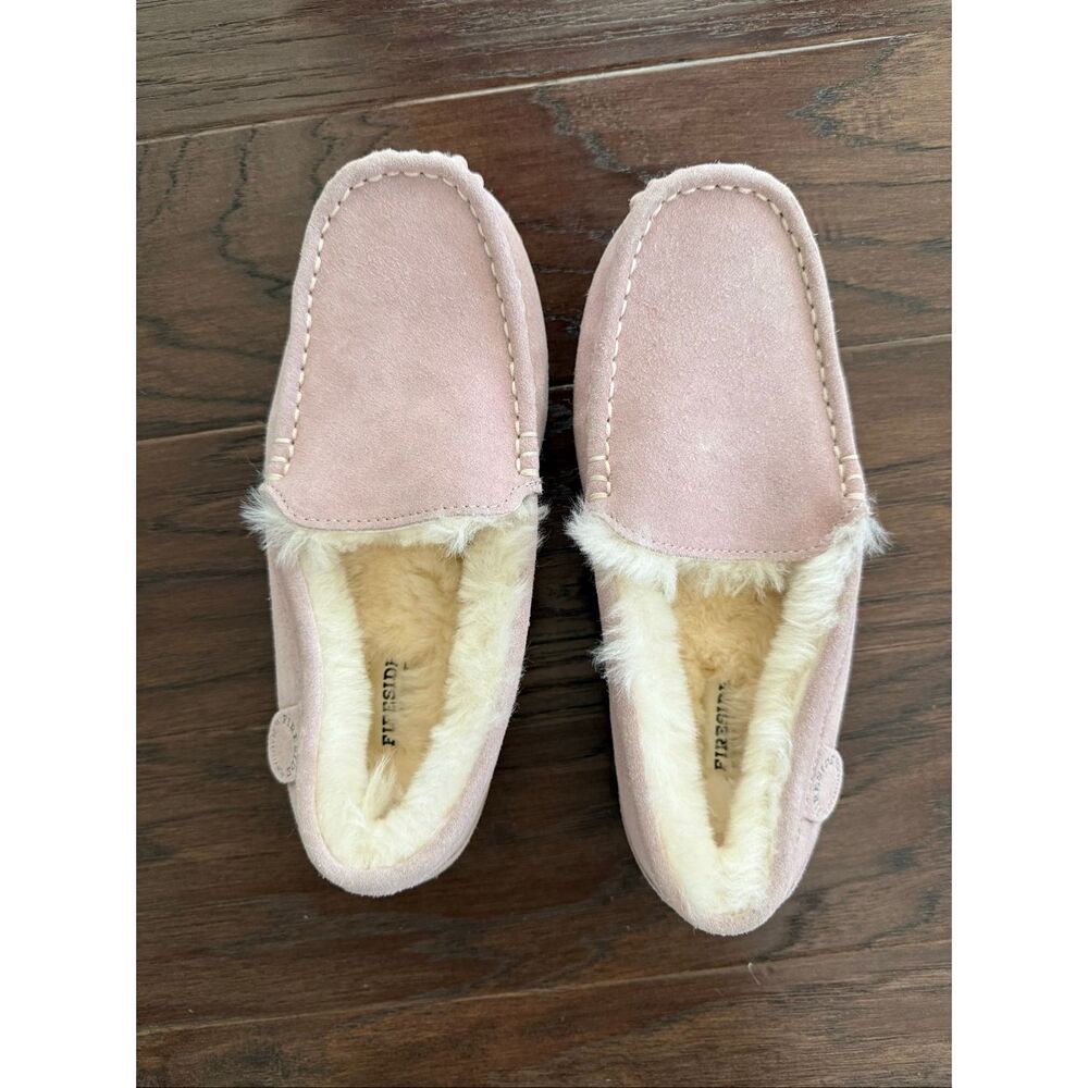 Fireside by Dearfoams Mel Shearling Moccasin Suede Slipper 9 Pink
